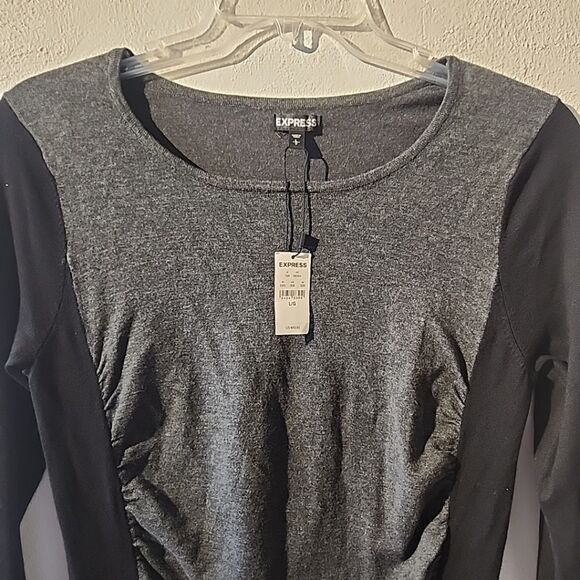 Express Long Sleeve Black/Gray Ruched Bodycon Dress Size Large NWT - Picture 3 of 5